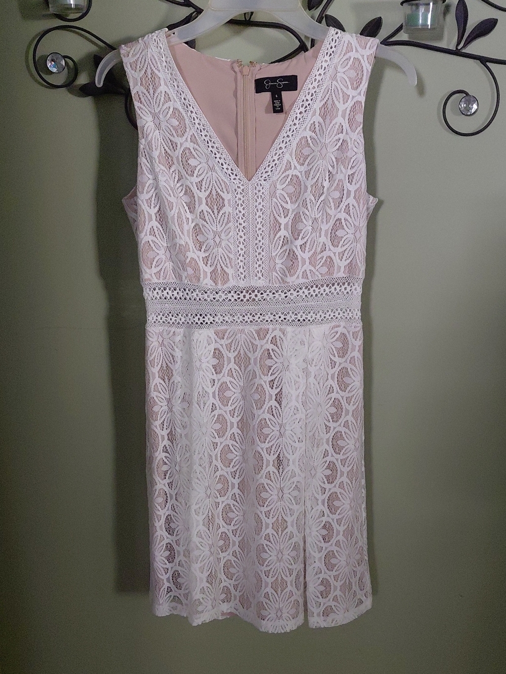 Jessica Simpson Blush Pink Lace Midi Dress with V-Neck